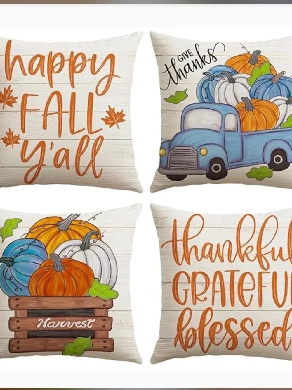 Cozy Fall Pillow Cover Set - Blue Truck & Pumpkin Designs 18x18inch